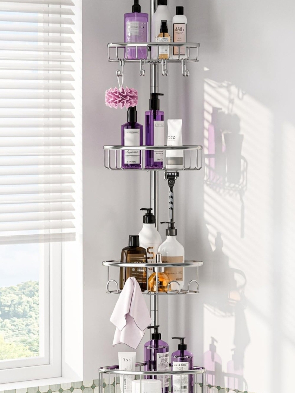 Corner Shower Caddy Tension Pole: Stainless Steel Rustproof 4-Tier Shower
